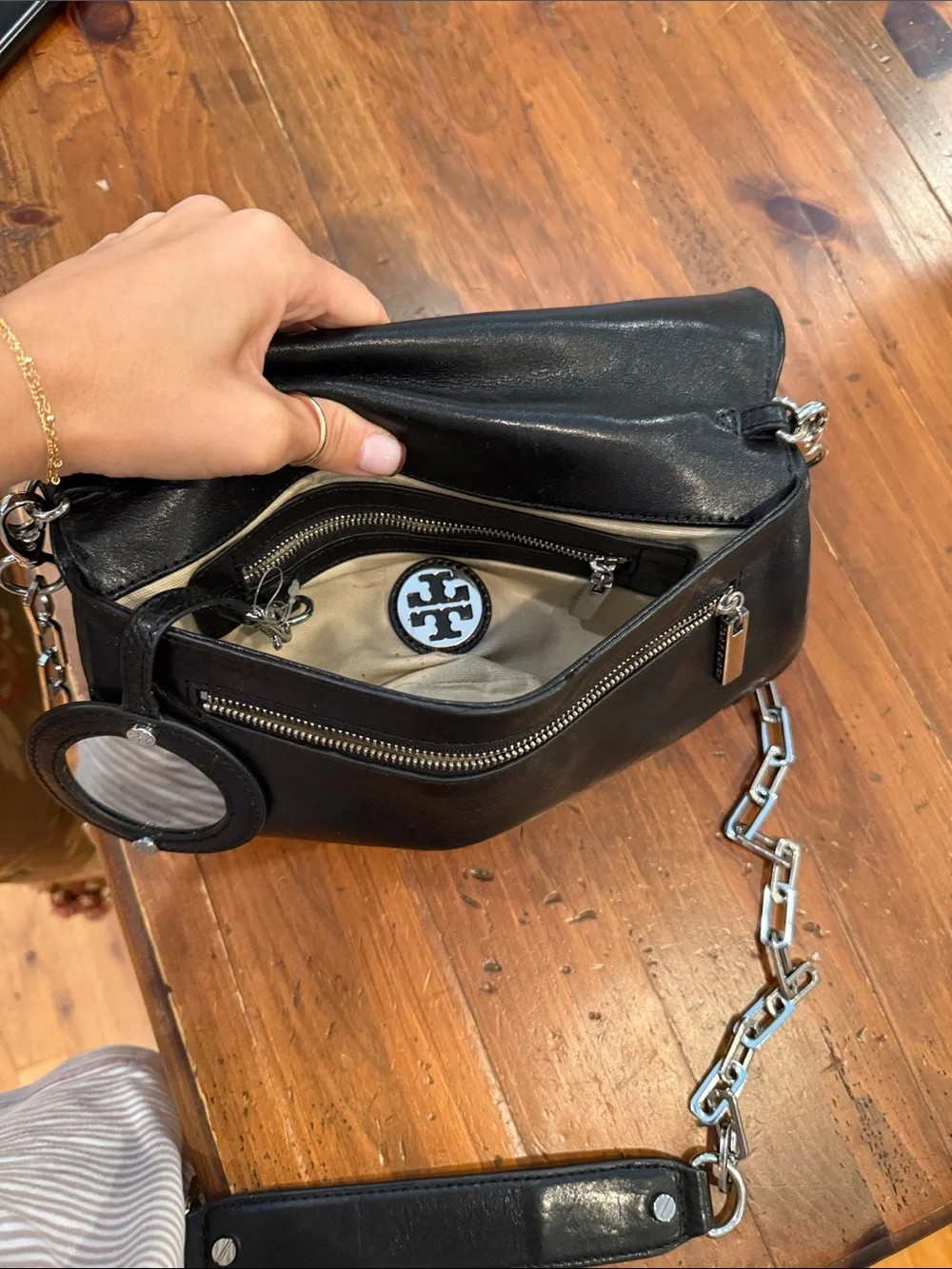 Tory Burch Black Leather Clutch with Silver Logo Accent